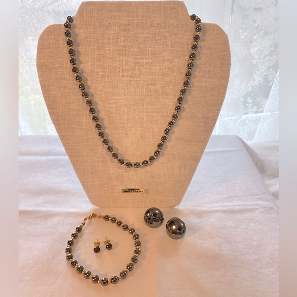 Vintage 4pc Hematite Set - 18” Necklace, Bracelet & 2 pairs of Earrings; Giftbox